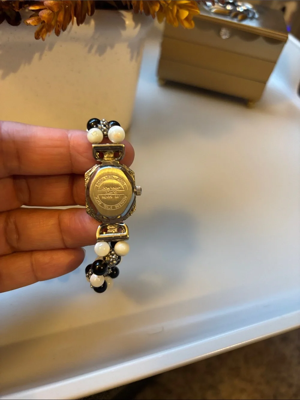 Beaded Black & White Bracelet Watch - Classic Two-Tone Women’s Accessory